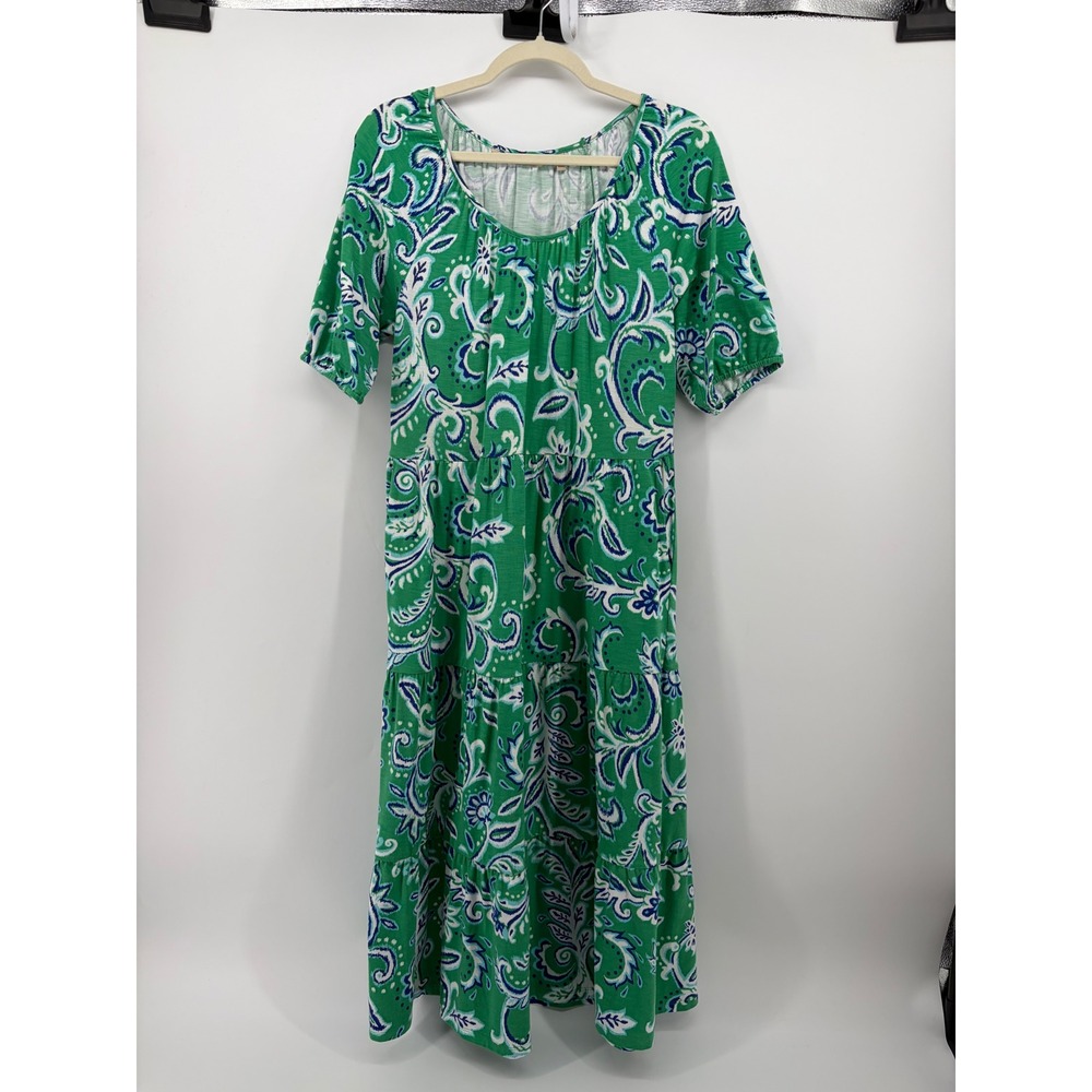 Soft Surroundings Womens Small Green Paisley Tiered Maxi Dress Short Sleeve